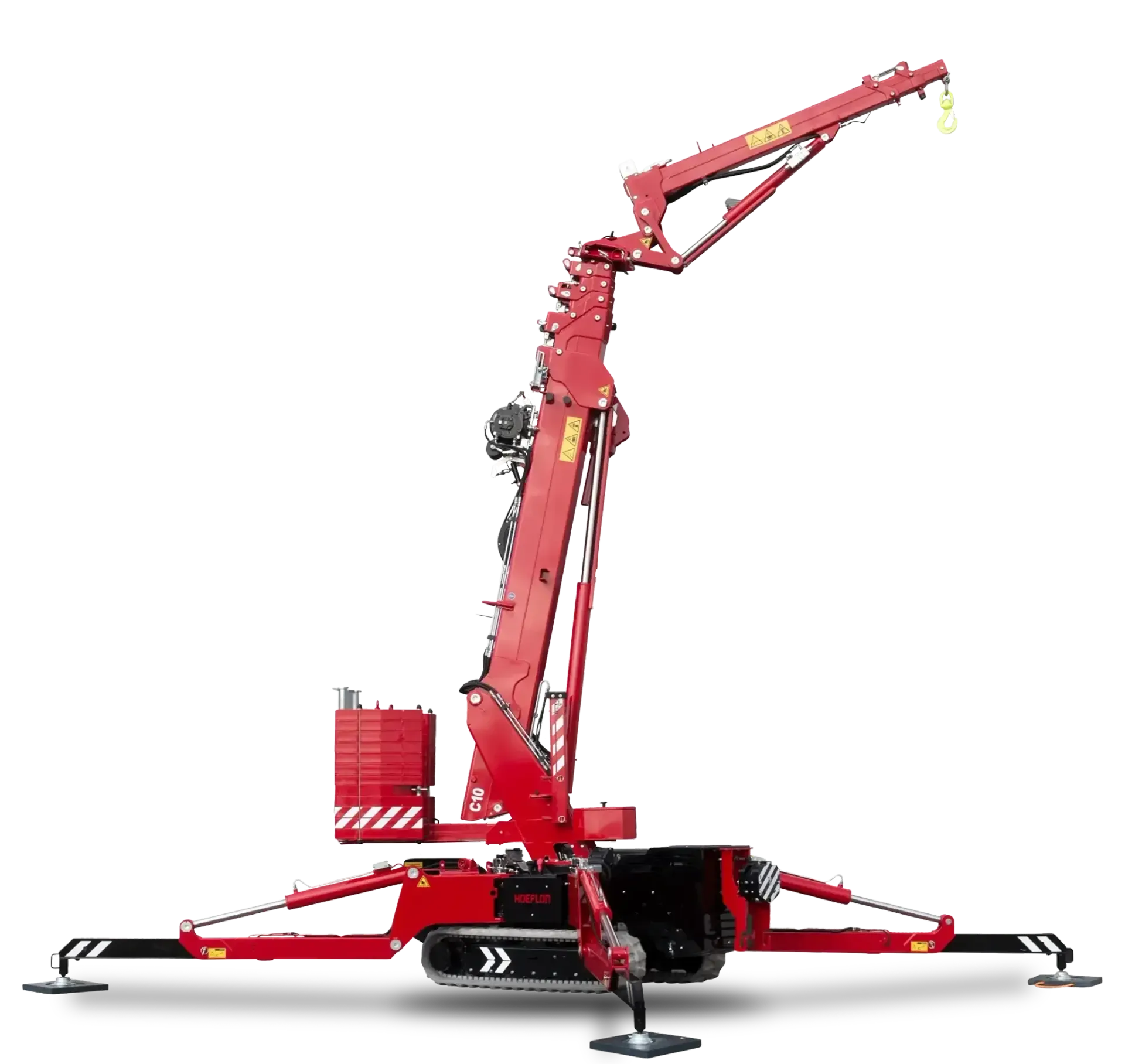 Mini grue C10e HOEFLON déployée sur ses stabilisateurs pour un levage en espace restreint.
