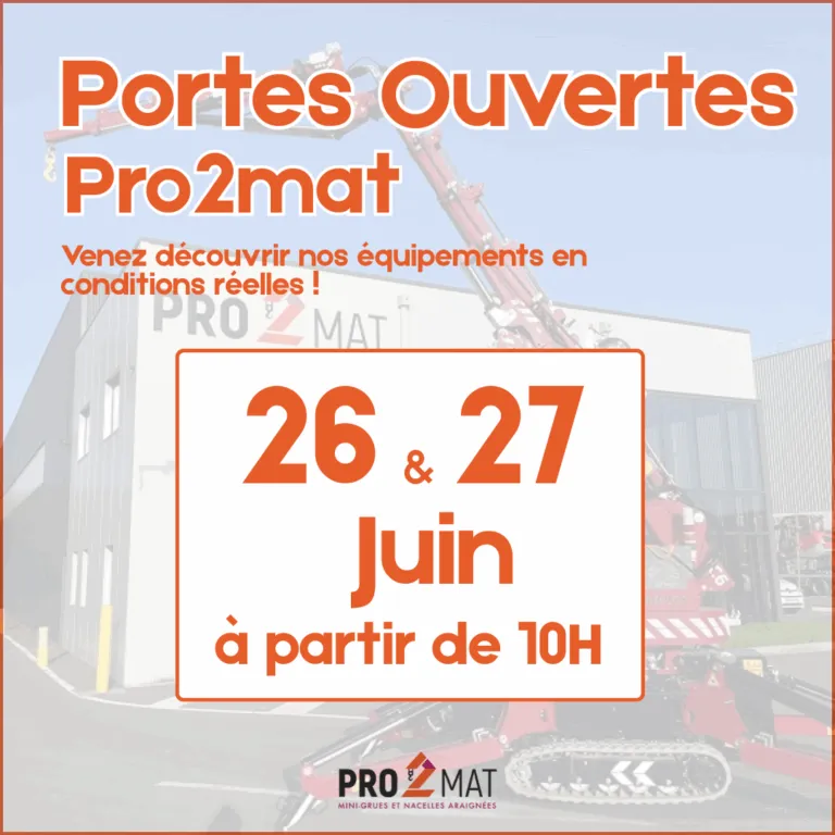 Affiche des Portes Ouvertes Pro2Mat des 26 et 27 juin : exposition du matériel et démonstrations.
