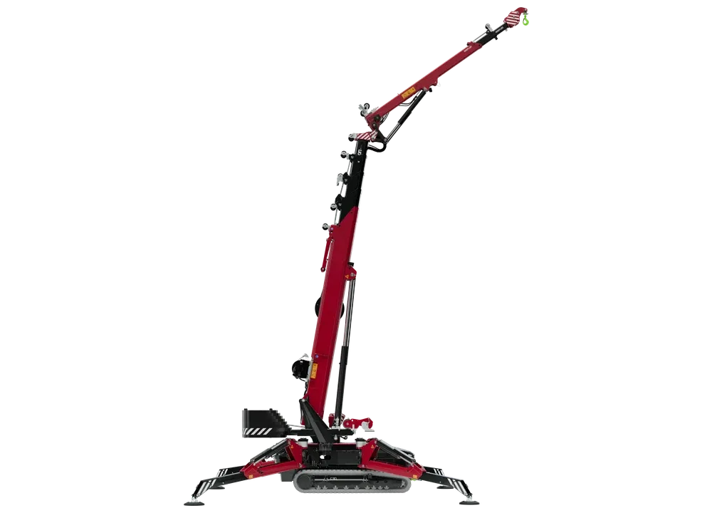 Mini grue C30e L HOEFLON en position de travail sur ses quatre stabilisateurs, flèche longue relevée et fléchette déployée.